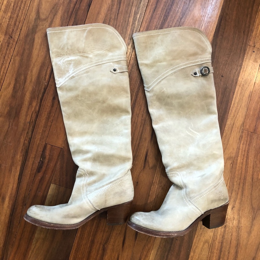 Frye tan distressed knee high boots- size 6.5